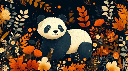 Design a pattern with an Indian essence, highlighting white "pandas" with orange and teal accents on a black canvas. Geometric shapes bring a contemporary touch to this classic design.