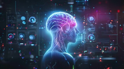 A digital representation of the human brain with glowing neural pathways and a futuristic digital background.