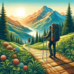 Hiking Through Majestic Mountains at Sunrise