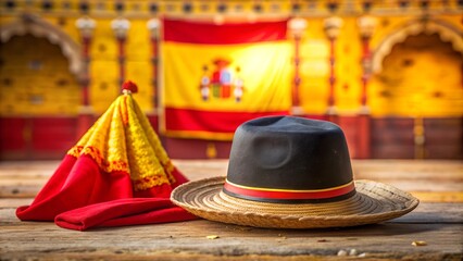 Spanish Flag Background with Bullfighter Hat and Festive Decorations. Perfect for: Spanish National Day, Bullfighting Events, Cultural Celebrations