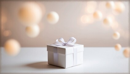 Luxury white gift box with white ribbon against bokeh background, Wedding day, Valentine's Day, Holidays gifts concept, anniversary, birthday. Copy space template backdrop