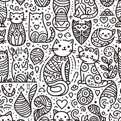 Seamless Pattern with Cute Cats and Hearts in Doodle Style