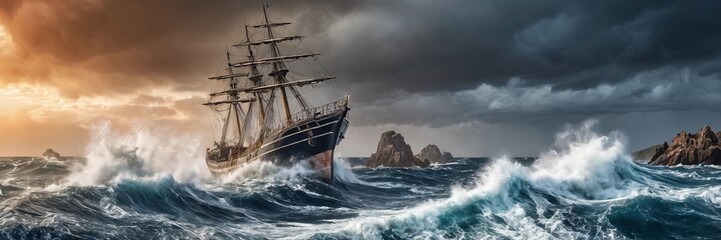 ship with multiple masts on a stormy sea. The sky is dark and cloudy, with waves crashing around the ship.