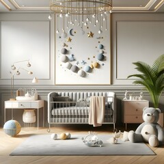 Modern Nursery Interior with Crib, Plush Teddy Bear, and Celestial Wall Decor