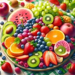 Colorful Fruit Salad Platter on a Gingham Tablecloth