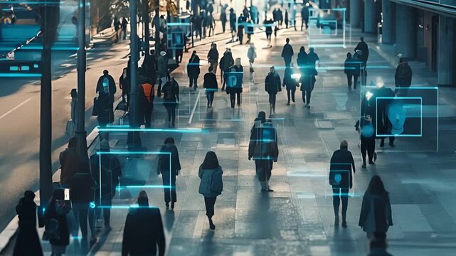 A crowd of anonymous people walk down a city street, with digital faces superimposed over them