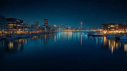 Obraz premium Boston harbor view at night, glowing high-rises reflected in Charles River, historic Faneuil Hall marketplace, illuminated Leona