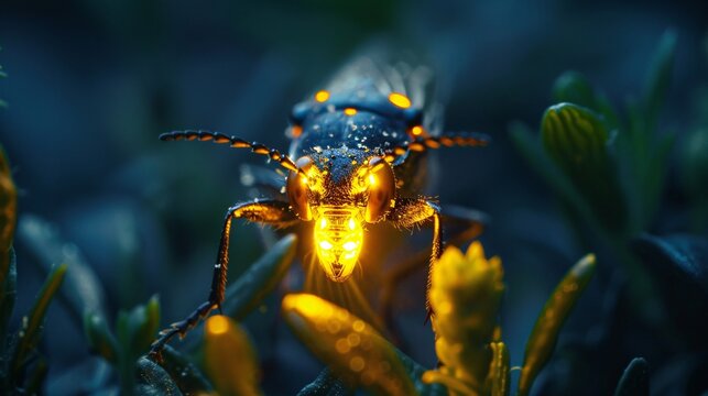 Close-up macro view of firefly glowing body at night