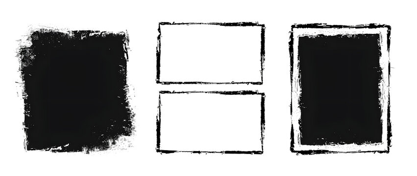 Grunge rectangle frame set. Different paint brushed border collection. Black chalk or ink rectangular uneven stroke design elements for banner, poster, flyer, brochure, cover. Vector A4 carde
