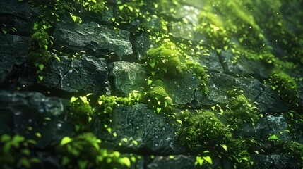 Moss on stone wall, futuristic, glowing elements, detailed texture