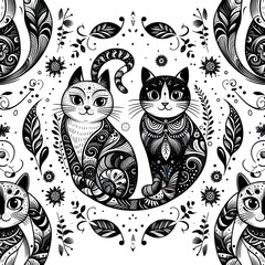 Obraz premium Ornate Black and White Cats in a Floral Pattern