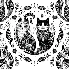 Crédence de cuisine  Ornate Black and White Cats in a Floral Pattern  © Allen