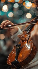 Musician playing violin, concert hall, soft lighting, high contrast, high detail