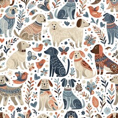 Seamless Pattern of Colorful Dogs with Floral Elements