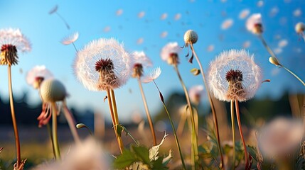 Beautiful puffy dandelion and flying seeds against blue sky on sunny day.  