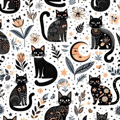 Black Cats and Floral Seamless Pattern