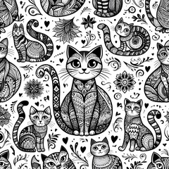 Seamless Pattern of Ornate Cats with Floral Designs