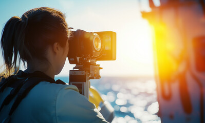 An Australian marine biologist on a modern research vessel, peering into the ocean through a high-tech camera system. 