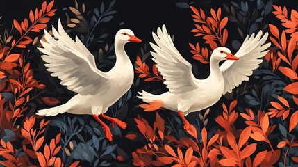 Illustrate a Indian-inspired pattern featuring white "ducks" with orange and teal details against a deep black backdrop. Geometric shapes enhance the visual complexity.