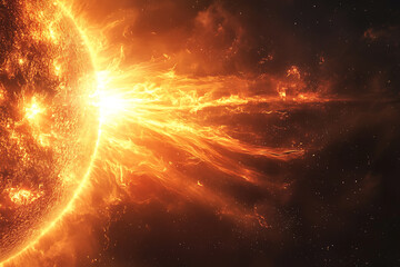 Obraz premium Dramatic depiction of a solar flare and plasma ejection from the sun, triggering magnetic storms on Earth and affecting space weather. 