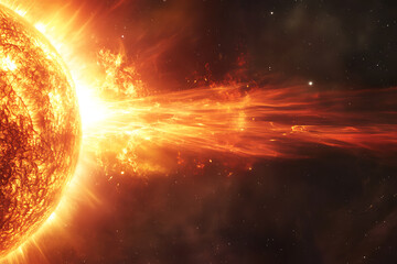 Dramatic depiction of a solar flare and plasma ejection from the sun, triggering magnetic storms on Earth and affecting space weather.
