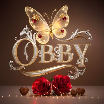 3D render illustration featuring the word Obby in ornate regal gold letters
