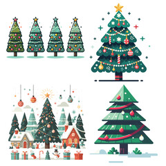 Illustrated Christmas trees, festive colors on white background, perfect for holiday cards