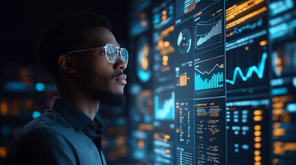 People are closely analyzing visual data on a large screen, which may involve data analysis or AI tools. The scene feels futuristic and high-tech, emphasizing focus on technology.