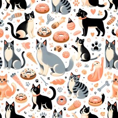Cute Cat Seamless Pattern with Donuts, Toys and Hearts
