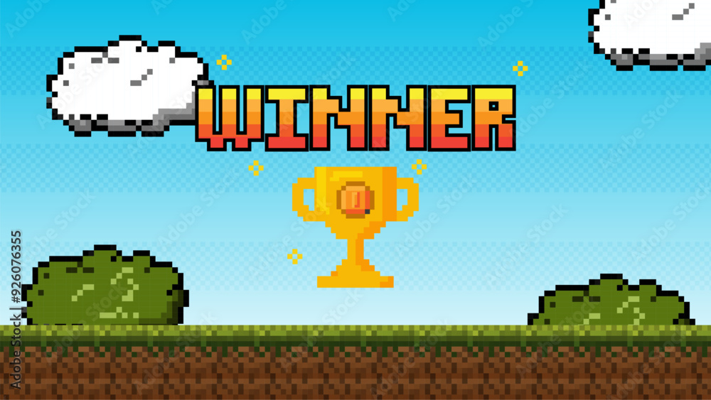 Poster pixel game win screen. retro 8 bit video game interface with you win text.winner pixel game backgrou