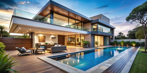 Fototapeta premium Modern house with pool, featuring sleek architecture, spacious patio, and luxurious outdoor living space, modern, house