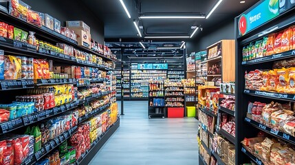 Aisle of shelves stocked with various snacks in a grocery store.