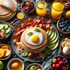 Delicious Breakfast Plate with Pancakes, Bacon, Eggs, and Fruit