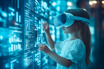 Naklejka premium A young girl wars VR glasses, engaged in an online educational experience. The concept of the future of learning, technology in education, and immersive virtual reality for kids. Generative AI.
