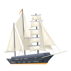 Image of a sailboat with multiple sails on a white background. The boat is depicted in a simplistic and clean graphic style. Concept of marine transportation and adventure. Vector illustration