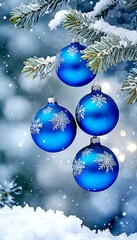 Beautiful background with Christmas and New Year decorations and blue glowing balls on a fir branch. Vertical winter Christmas picture. Christmas New Year's winter home fairytale holiday.
