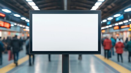 Fototapeta premium Blank Digital Advertising Screen in Busy Train Station with Blurred Commuters in Background