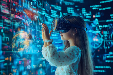 A young girl wars VR glasses, engaged in an online educational experience. The concept of the future of learning, technology in education, and immersive virtual reality for kids. Generative AI.