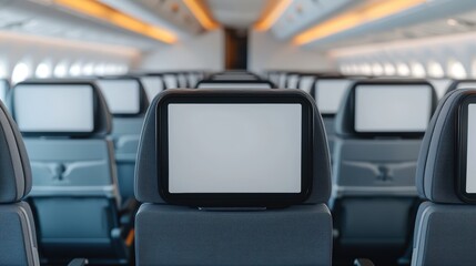 Modern Airplane Interior with Empty Seats and In-Flight Entertainment Screens in Focus, Capturing the Clean and Sleek Design of a Commercial Aircraft Cabin
