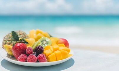 Tropical Fruits on Plate with Beach Background, Generative AI