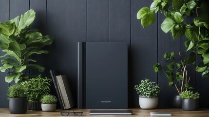 Fototapeta premium Modern Home Office Desk with Green Plants, Books, and Gadgets on Wooden Surface Against Dark Wall