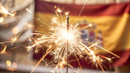 Sparkler with Blurred Spanish Flag Background and Copy Space. Perfect for: Spanish National Day, New Year's Eve, festive events, cultural celebrations