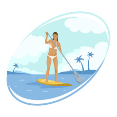 Woman paddleboarding in a tropical setting, wearing a bikini. Blue background with clouds, palm trees, and water. Concept of summer activity. Vector illustration
