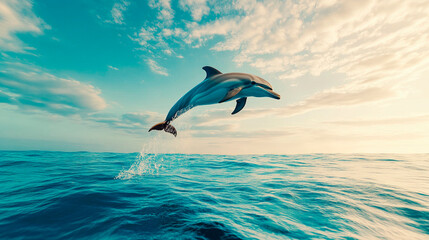 Fototapeta premium Happy dolphin jumping outside the sea at sunny day.