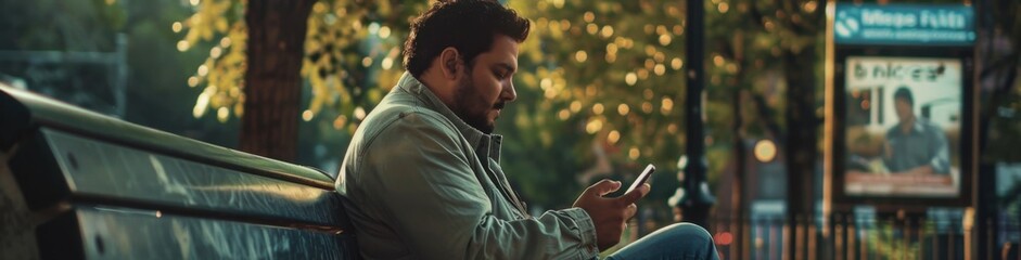 A man sits on a bench, engrossed in his smartphone amidst a serene park setting, surrounded by greenery and soft natural light.