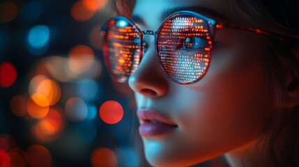 A girl gazes thoughtfully as neon lights reflect off her stylish sunglasses, creating a mesmerizing display of colors and patterns