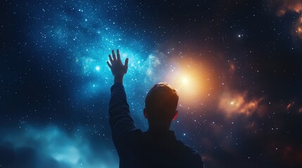 Fototapeta premium A person reaching out to the cosmos, symbolizing exploration and the infinite possibilities of the universe.