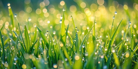 Fototapeta premium Vibrant green grass field with dew drops in the morning sunlight, nature, fresh, lush, growth, environment, plant, landscape