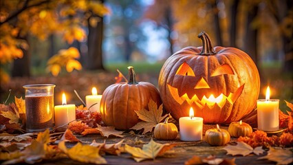 Jack-O-Lanterns shine among autumn leaves and candles at dusk, Jack-O-Lantern, glow, colorful leaves