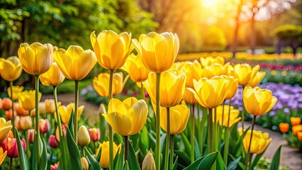 Yellow tulip flowers in full bloom in a vibrant garden, yellow, tulip, flowers, blooming, garden, nature, spring, petals, vibrant